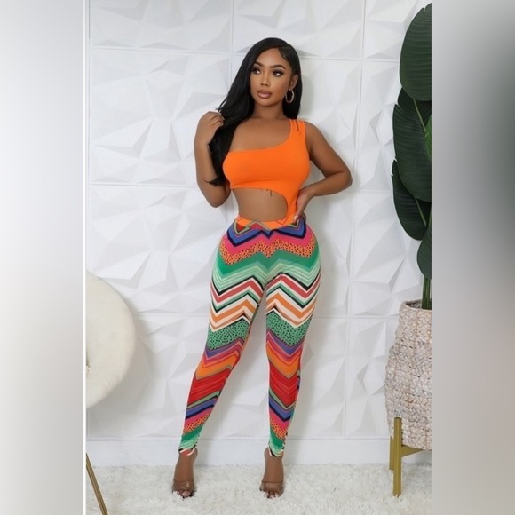 Women’s Orange 2-Piece Bodysuit Multi Color Design Leggings Pants - Picture 8 of 17
